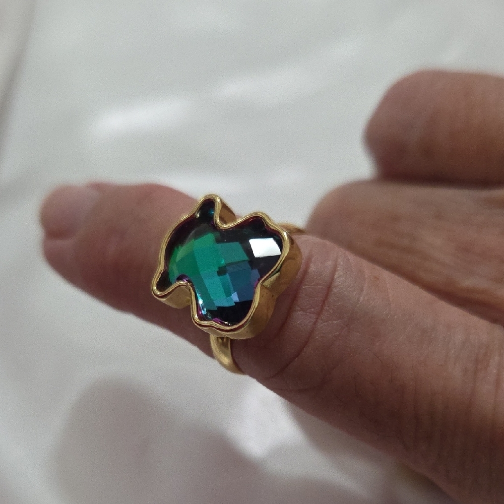Tous Style 18K Gold Plated Stainless Steel  Emerald Green Ring